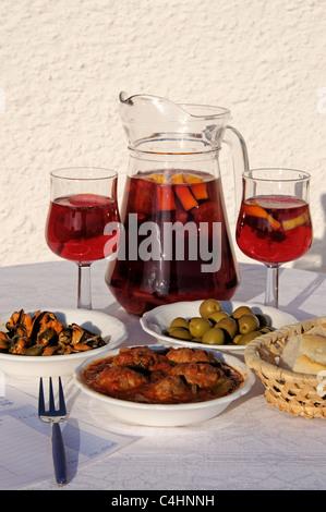 Selection of tapas with Sangria, Costa del Sol, Andalucia, Spain, Western Europe. Stock Photo