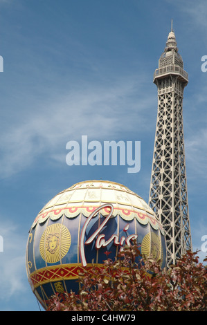 The Paris Las Vegas hotel on the strip in Las Vegas features a replica of the Eiffel Tower and the Montgolfier balloon. Stock Photo