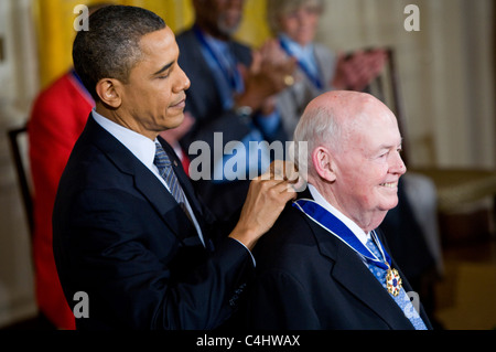 President Barack Obama presents the Presidential Medal of Freedom to AFL-CIO President Emeritus John Sweeney.