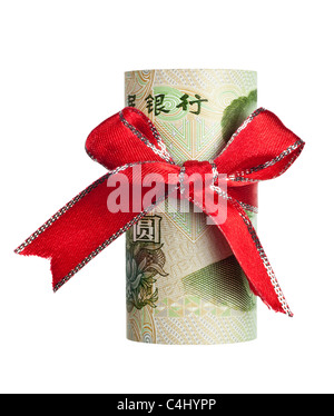 One Chinese yuan wrapped by ribbon isolated on white background Stock Photo