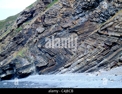 Zig-zag folding in carboniferous rocks of the Crackington formation, Millook Haven, Devon, UK Stock Photo