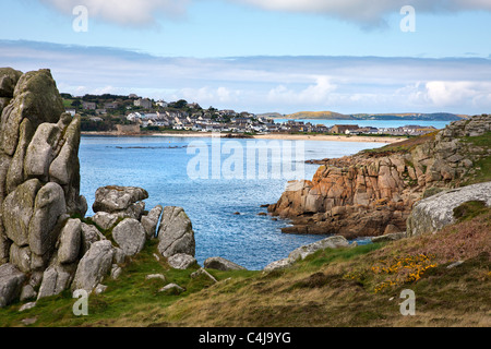 Hugh Town and Porthcressa beach on St Mary's Isles of Scilly with the island of Bryher beyond Stock Photo