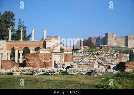 The ruins of the St. John's Basilica on Ayasuluk Hill, Selcuk, Ephesus, Turkey. Castle in the background. Stock Photo