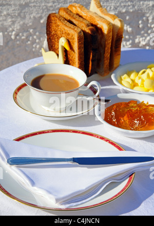 Tea and toast with butter and marmalade, Costa del Sol, Andalucia, Spain, Western Europe. Stock Photo