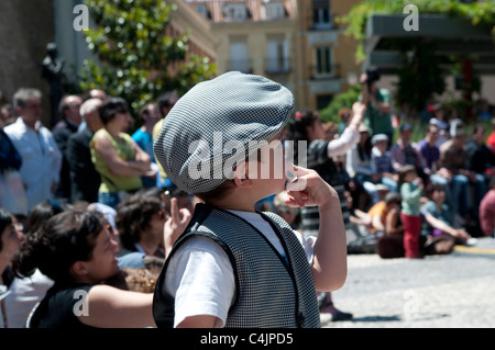 Boy dressed in chulapo - traditional costume, Plaza de la Corrala in Lavapies, Madrid, Spain Stock Photo