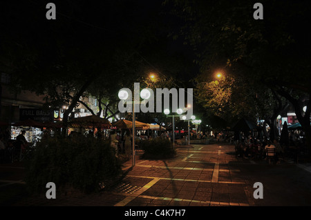 Night-time view pedestrian street, with line of central bushes and white ornamental lamps, Paseo Sarmiento, Mendoza, Argentina Stock Photo