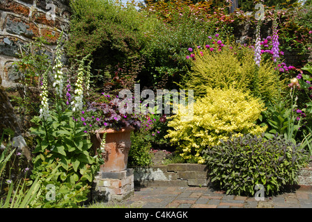 A colorful landscape image of a typical English country garden with a variety of pots and flowers against a brick garden wall. Stock Photo