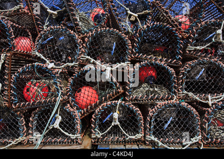Lobster pots on the pier at Tobermory on the Isle of Mull, Inner Hebrides. Stock Photo