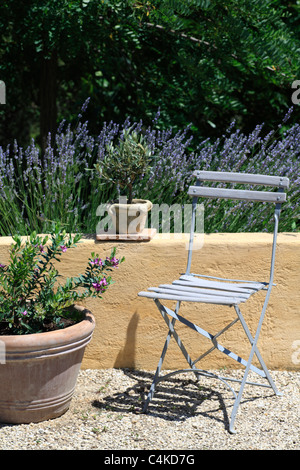 Traditional french folding garden chair in domestic garden in Provence France with lavender and miniature olive in teracotta pot Stock Photo