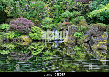 Waterfall and Reflection at Portland Japanese Garden in Spring Stock Photo