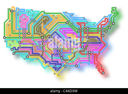 Illustrated map of the USA with color shadow Stock Photo