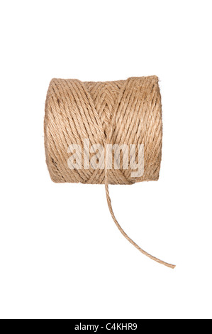 A new roll of brown hemp string isolated on white. Stock Photo