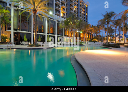 A resort swimming pool at twilight Stock Photo