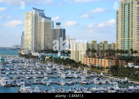 Skyline of the city of Miami, Florida with yachts and boats. Stock Photo