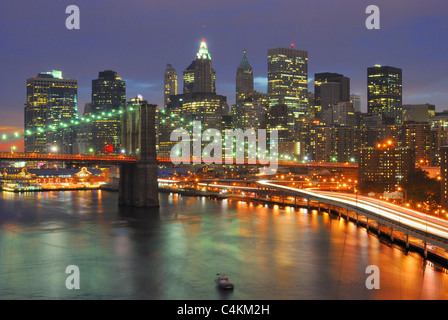 The Brooklyn Bridge Juxtaposed against the downtown New York City Skyline. Stock Photo