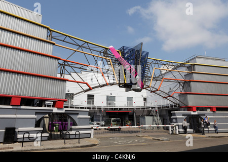 MTV STUDIOS (MUSIC TELEVISION), situated in Hawley Crescent in the hustle and bustle of Camden Town in London. Stock Photo