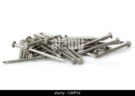 Disordered Pile Of Wood Nail Isolated On White Studio Shoot Stock Photo