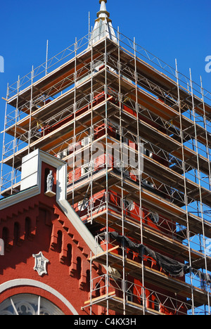 Scaffolding on St Mary's Church steeple in Rochester, New York. Stock Photo