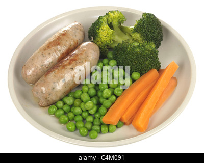Freshly Cooked Thick Pork and Herb Sausages with Vegetables Against A White Background With A Clipping Path And No People Stock Photo