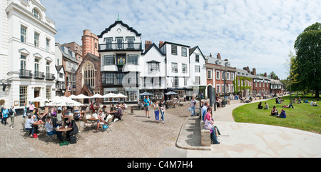 A 2 picture stitch panoramic of the junction of Cathedral Yard (left) and Cathedral Close (right) in Exeter. Stock Photo