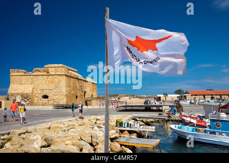 Cypriot flag,Pathos,Pafos,Cyprus.Fort and harbour. Stock Photo