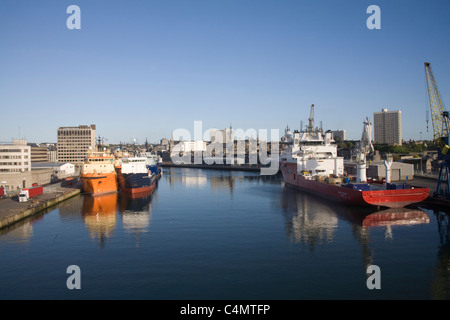 Aberdeen Scotland UK Ferry entering this busy port with a view of the city skyline Stock Photo