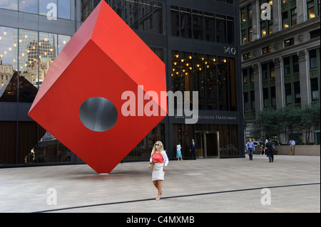 Isamu Noguchi's Red Cube on Broadway Street, New York City, Manhattan, USA Stock Photo