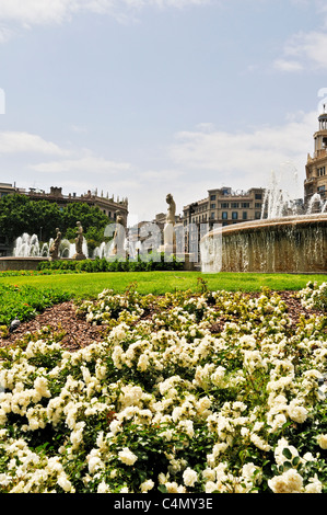 Two of the fountains in Plaça de Catalunya bordered by neo-classical statues and modern neo-Gothic buildings, Barcelona Stock Photo