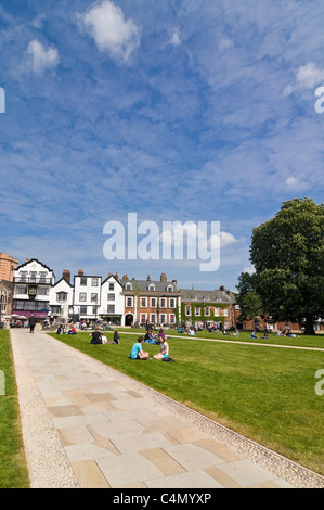 Vertical wide angle view of Exeter's Cathderal Yard or Green, following redevelopment, on a bright sunny day. Stock Photo