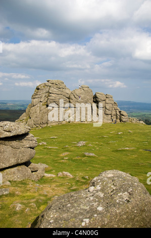 Vertical wide angle view of rock climbers on Haytor on Dartmoor National Park on a summer's day. Stock Photo