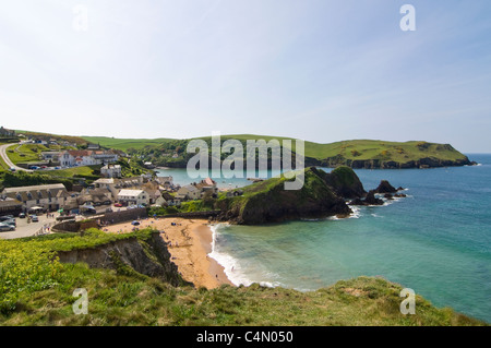 Horizontal aerial wide angle of Mouthwell beach and Bolt Tail headland at Hope Cove on a sunny day. Stock Photo