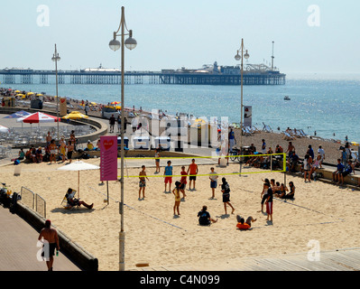 Volleyball being played on Brighton seafront on 19th July 2006 which registered the highest recorded temperature in UK. Brighton Stock Photo