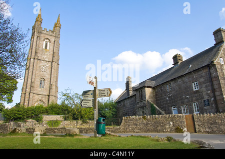 Horizontal wide angle view of St Pancras's church, aka the 'Cathedral of the Moors' on the green at Widecombe-in-the-Moor. Stock Photo