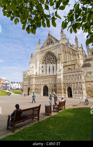 Vertical wide angle view of Exeter Cathedral and Cathedral Square on a sunny day. Stock Photo