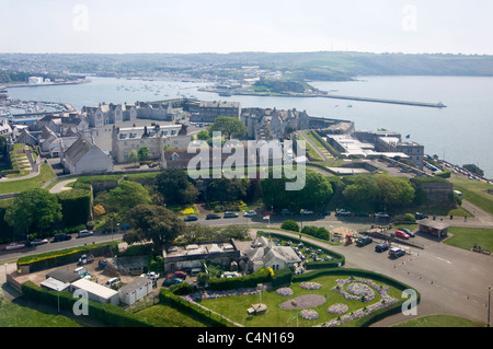 Horizontal aerial view across the Royal Citadel on Plymouth Hoe with the natural harbour behind in the distance. Stock Photo