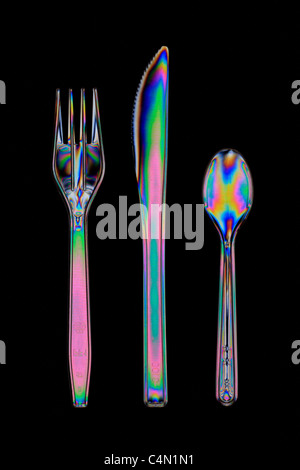 Cross polarised fork, knife and spoon Stock Photo