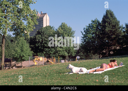 Woman sunbathing with Pet Dog on a Blanket and reading a Book in an Urban Park Stock Photo