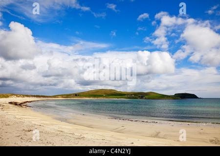 View across West Voe sandy beach to Sumburgh Head. Sumburgh, South Mainland Shetland Islands, Scotland, UK Britain. Stock Photo