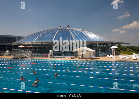 The outdoor Olympic stainless steel swimming pool of Vichy (France). Bassin olympique extérieur en inox de la piscine de Vichy. Stock Photo