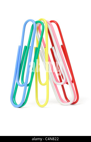 Multicolor paper clips standing on white background Stock Photo
