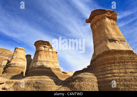 Hoodoos; eroded rock formations in the Alberta Badlands.  Drumheller, Alberta, Canada. Stock Photo