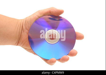 Compact Disc being held  by a human hand on white background Stock Photo
