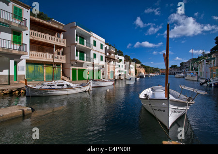 Cala Figuera harbour with fishing boats houses and villas, Mallorca Balearic Islands Spain Stock Photo