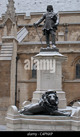 A statue of Oliver Cromwell outside the Houses of Parliament, London Stock Photo