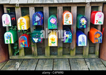 Colourful, wildflower painted, mailboxes, Granville Island, Vancouver, British Columbia, Canada Stock Photo