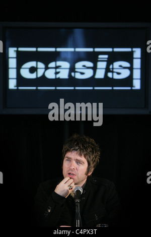 Noel Gallagher speaks during a press conference at Slane Castle, Slane Castle, Co Meath, Rep of Ireland, after it was announced Stock Photo