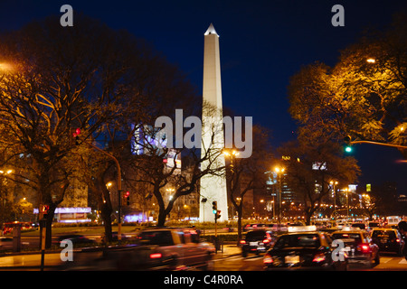 Night view of Obelisk of Buenos Aires and Avenue 9 de Julio at night, Argentina Stock Photo