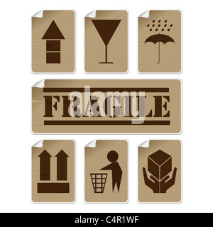 Fragile and safety badly glued stickers, isolated and grouped objects against white background Stock Photo