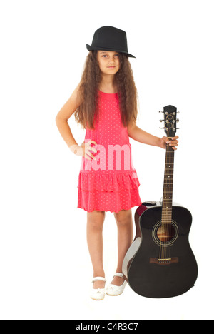 Pretty girl with black hat holding guitar isolated on white background Stock Photo