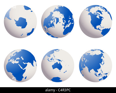 Shiny earth globes set against white background Stock Photo